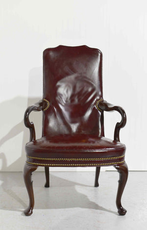 Vintage Queen Anne Style Mahogany Oxblood Leather Library Office Chair