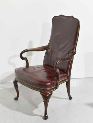 Vintage Queen Anne Style Mahogany Oxblood Leather Library Office Chair