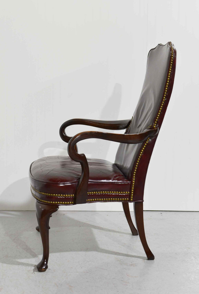 Vintage Queen Anne Style Mahogany Oxblood Leather Library Office Chair