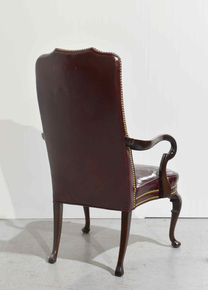 Vintage Queen Anne Style Mahogany Oxblood Leather Library Office Chair