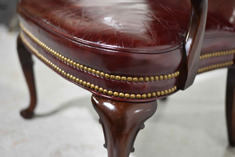 Vintage Queen Anne Style Mahogany Oxblood Leather Library Office Chair