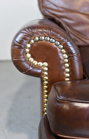 Vintage Traditional Brown Leather  Reclining Library Chair