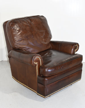 Vintage Traditional Brown Leather  Reclining Library Chair