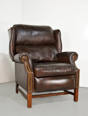 Vintage Traditional Brown Leather Wing Back Library Recliner by Thomasville