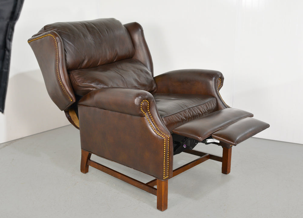 Vintage Traditional Brown Leather Wing Back Library Recliner by Thomasville