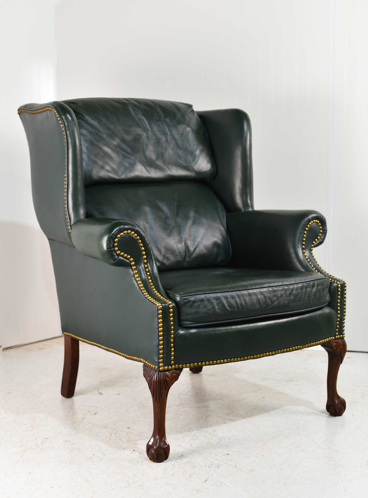 Vintage Traditional Clawfoot Green Leather Wingback Library Chair by Classic