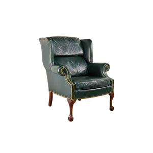 Vintage Traditional Clawfoot Green Leather Wingback Library Chair by Classic