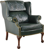 Vintage Traditional Clawfoot Green Leather Wingback Library Chair by Classic