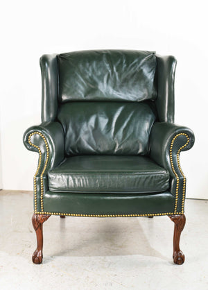 Vintage Traditional Clawfoot Green Leather Wingback Library Chair by Classic