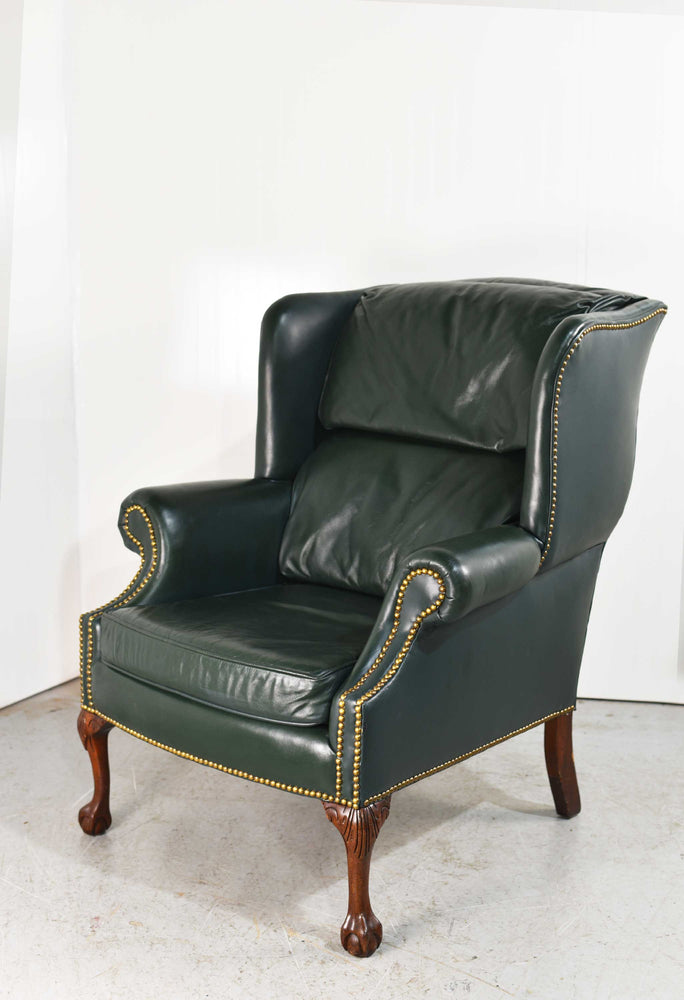 Vintage Traditional Clawfoot Green Leather Wingback Library Chair by Classic