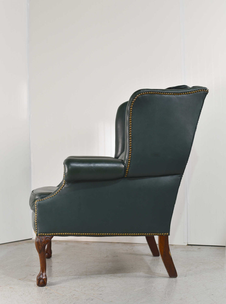 Vintage Traditional Clawfoot Green Leather Wingback Library Chair by Classic