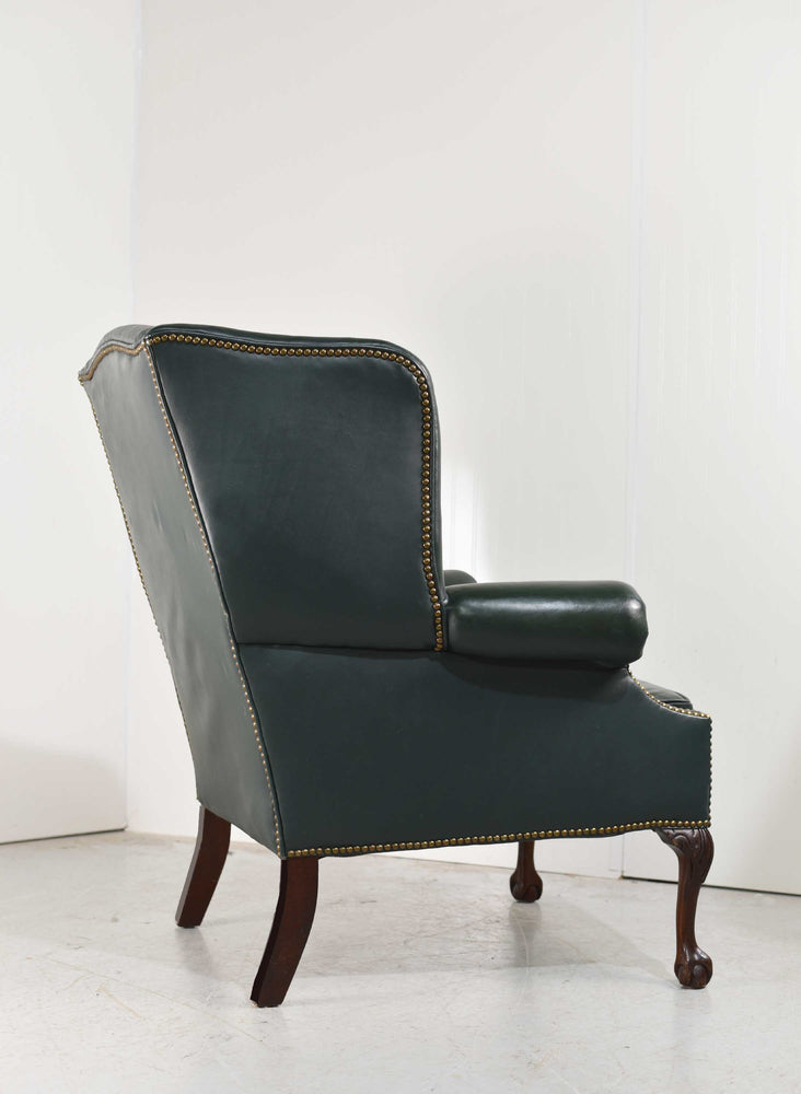 Vintage Traditional Clawfoot Green Leather Wingback Library Chair by Classic