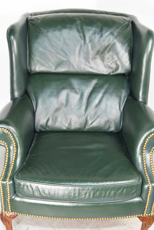 Vintage Traditional Clawfoot Green Leather Wingback Library Chair by Classic