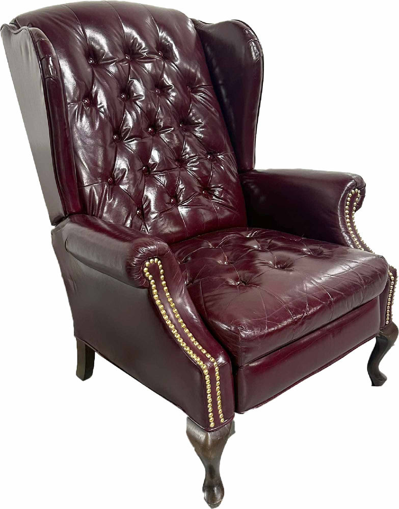 Vintage Traditional Clawfoot Oxblood Leather Wingback Reclining Library Chair