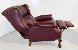 Vintage Traditional Clawfoot Red Leather Wingback Reclining Library Chair by Bradington Young