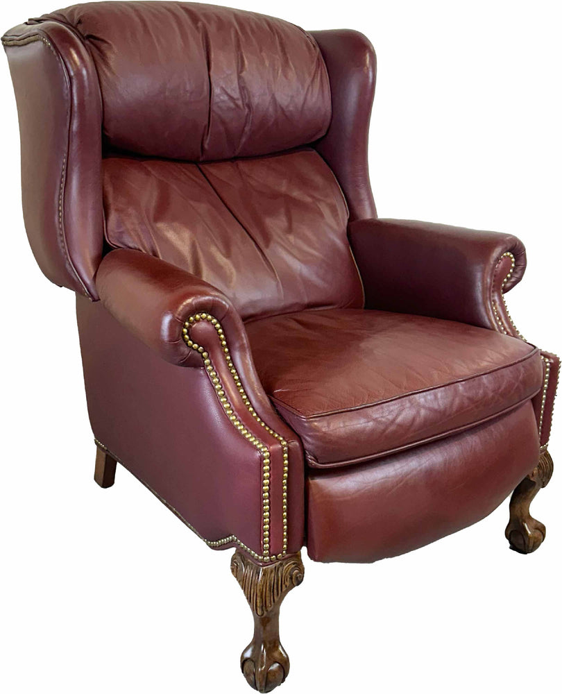 Vintage Traditional Clawfoot Red Leather Wingback Reclining Library Chair by Bradington Young