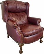 Vintage Traditional Clawfoot Red Leather Wingback Reclining Library Chair by Bradington Young