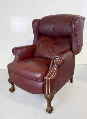 Vintage Traditional Clawfoot Red Leather Wingback Reclining Library Chair by Bradington Young