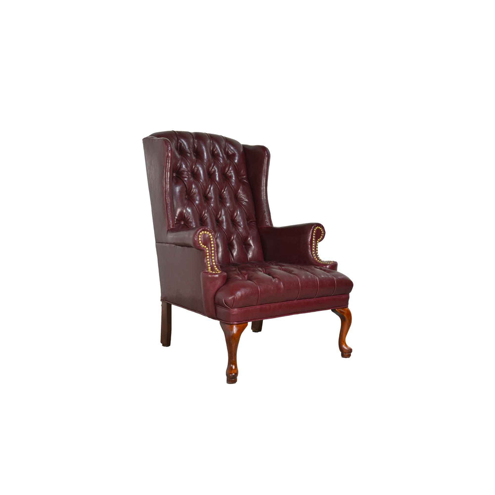 Vintage Traditional Button Tufted Oxblood Leather Wingback Library Chair