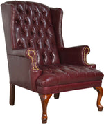 Vintage Traditional Button Tufted Oxblood Leather Wingback Library Chair