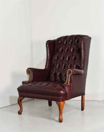 Vintage Traditional Button Tufted Oxblood Leather Wingback Library Chair