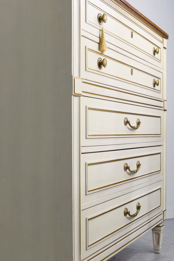 age Transitional Highboy Dresser Gold Accents by United Furniture