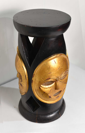 Vintage African Carved Wood Gold Mask Stool or Table
