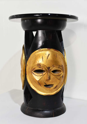 Vintage African Carved Wood Gold Mask Stool or Table