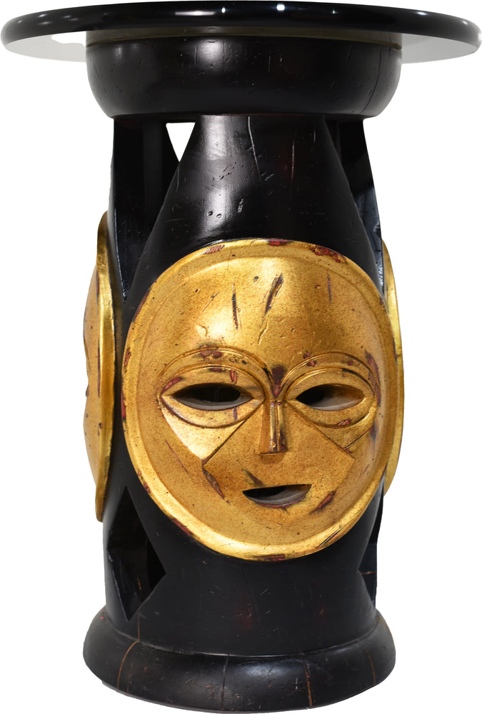 Vintage African Carved Wood Gold Mask Stool or Table