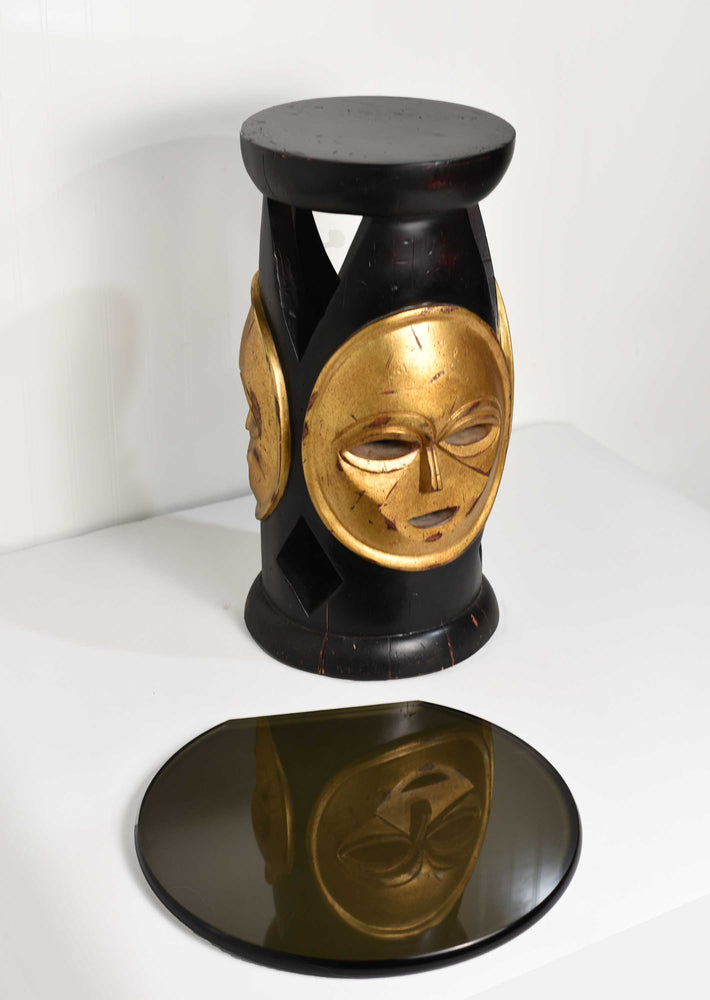 Vintage African Carved Wood Gold Mask Stool or Table