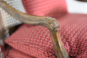 Vintage French Bergere Carved Wood Cane Red Occasional Chairs - A Pair