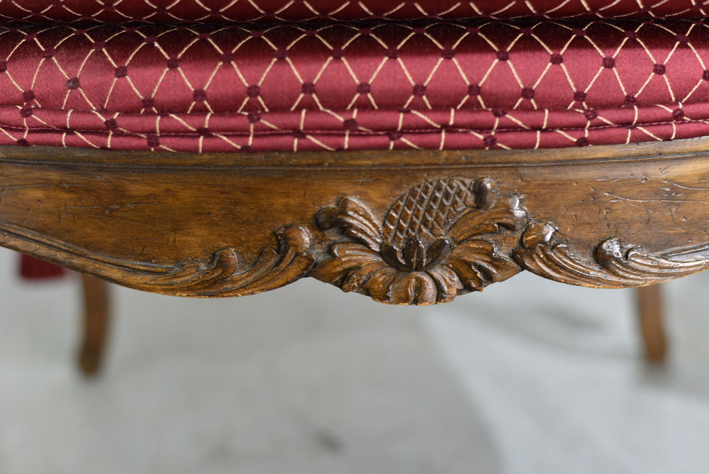 Vintage French Bergere Carved Wood Cane Red Occasional Chairs - A Pair