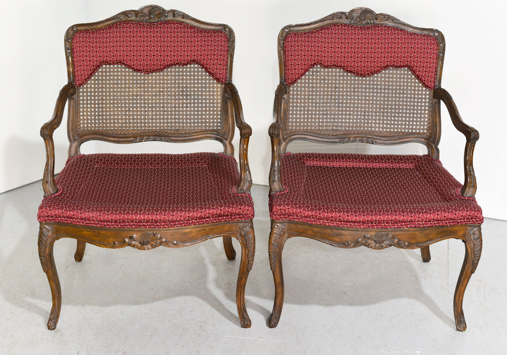Vintage French Bergere Carved Wood Cane Red Occasional Chairs - A Pair