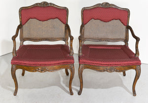 Vintage French Bergere Carved Wood Cane Red Occasional Chairs - A Pair
