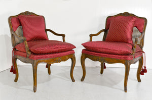 Vintage French Bergere Carved Wood Cane Red Occasional Chairs - A Pair