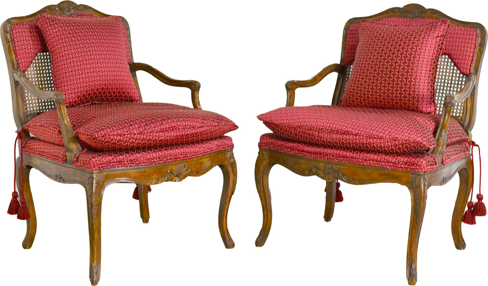 Vintage French Bergere Carved Wood Cane Red Occasional Chairs - A Pair