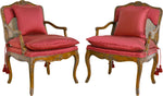 Vintage French Bergere Carved Wood Cane Red Occasional Chairs - A Pair