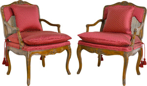 Vintage French Bergere Carved Wood Cane Red Occasional Chairs - A Pair