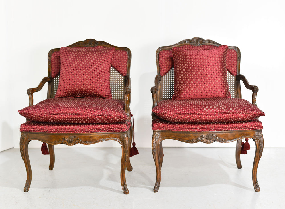 Vintage French Bergere Carved Wood Cane Red Occasional Chairs - A Pair