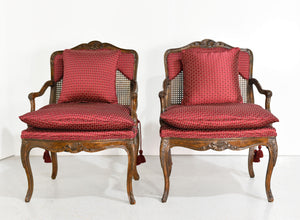 Vintage French Bergere Carved Wood Cane Red Occasional Chairs - A Pair