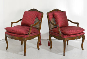 Vintage French Bergere Carved Wood Cane Red Occasional Chairs - A Pair