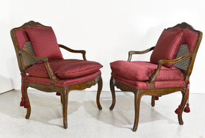 Vintage French Bergere Carved Wood Cane Red Occasional Chairs - A Pair