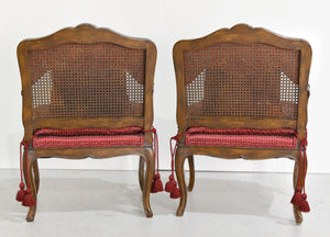 Vintage French Bergere Carved Wood Cane Red Occasional Chairs - A Pair