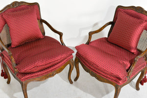 Vintage French Bergere Carved Wood Cane Red Occasional Chairs - A Pair