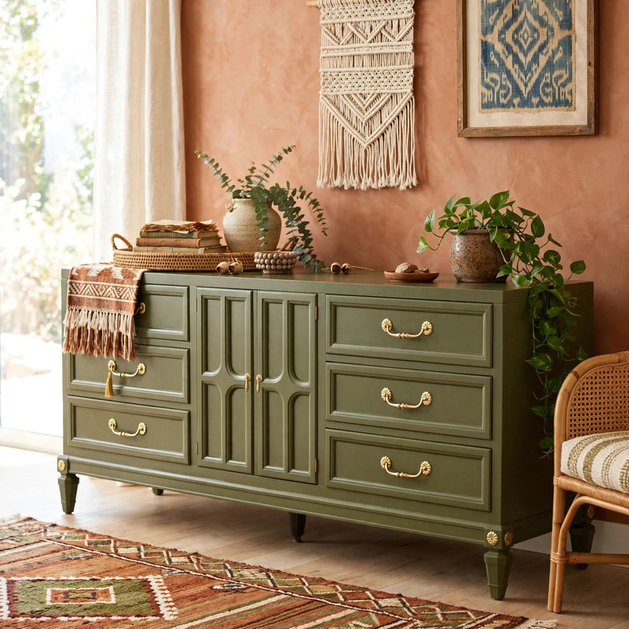 Mid Century Traditional Dresser Sideboard by Union National Jamestown NY in Green - Newly Painted styled as Bohemian / eclectic