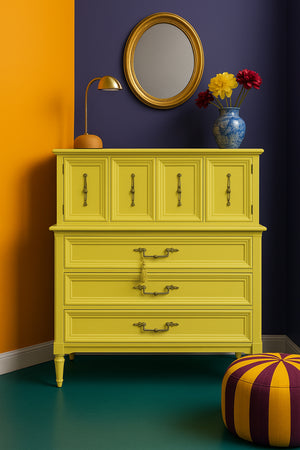 Mid Century Transitional Highboy Dresser in Chartreuse by White Furniture - Newly Painted