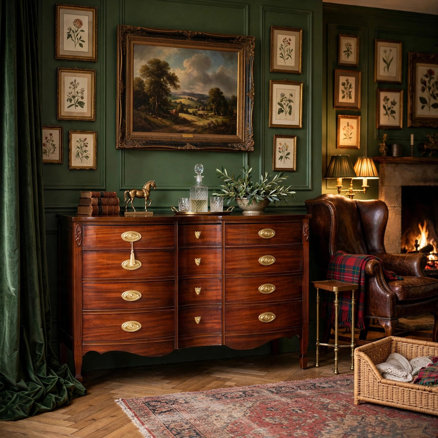 Mid Century Federal Style Mahogany Serpentine Triple Dresser by Dixie styled as English country