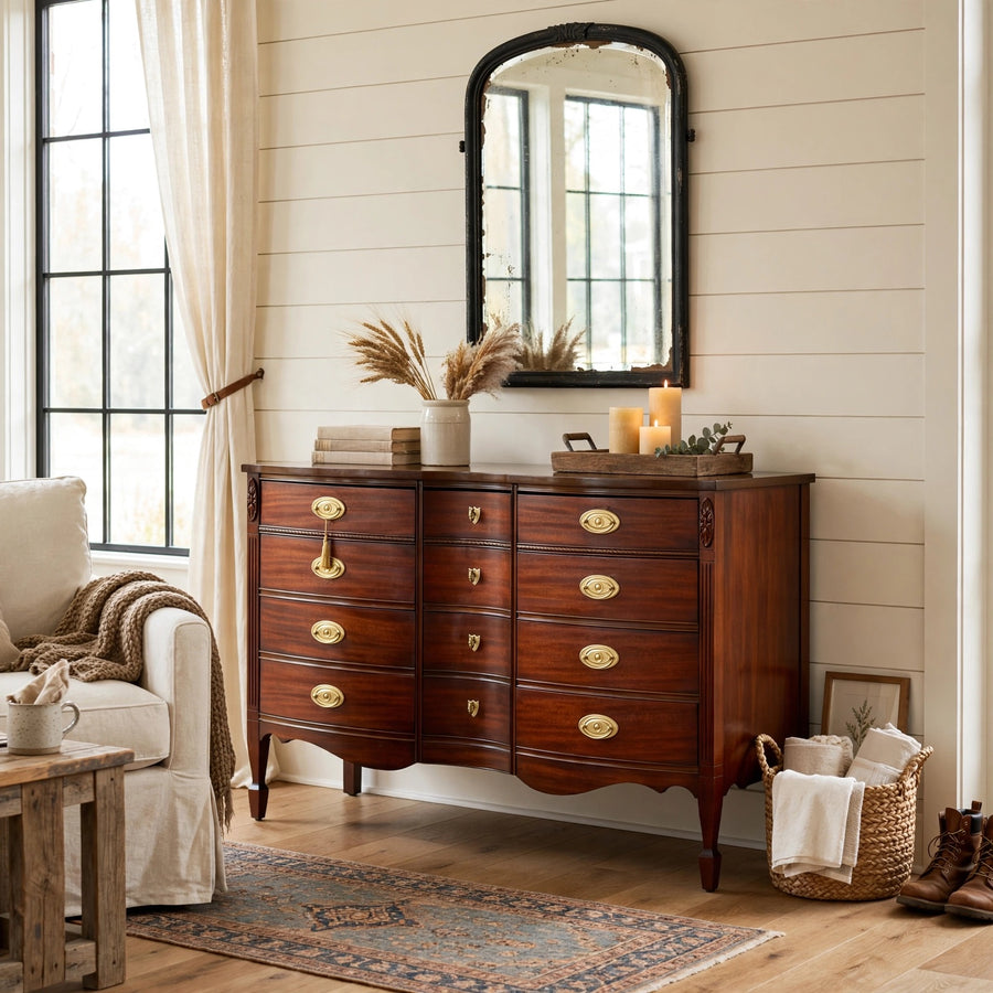 Mid Century Federal Style Mahogany Serpentine Triple Dresser by Dixie styled as Modern farmhouse