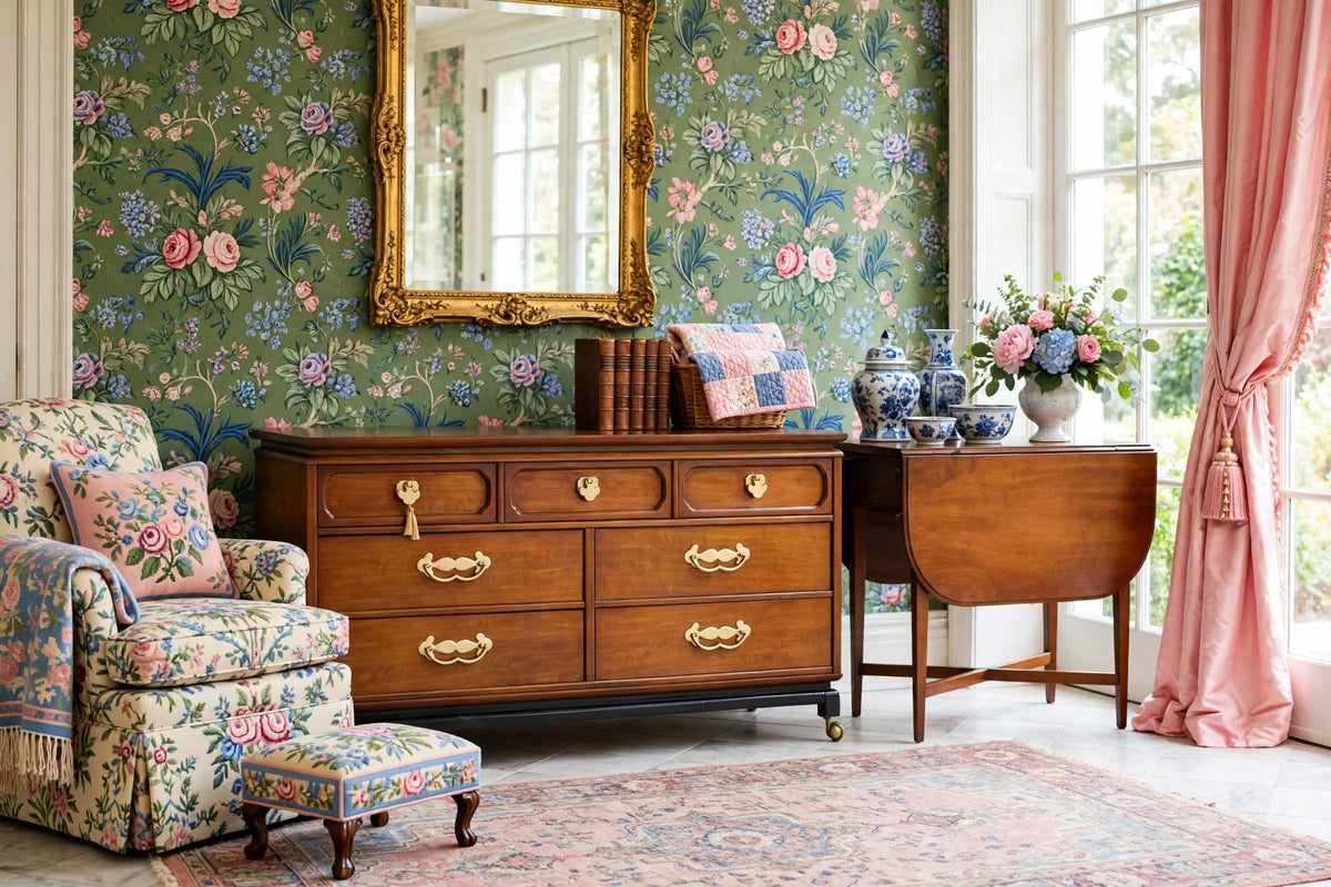 Mid Century Chinoiserie 7 Drawer Dresser by Bassett Furniture styled as Grandmillennial