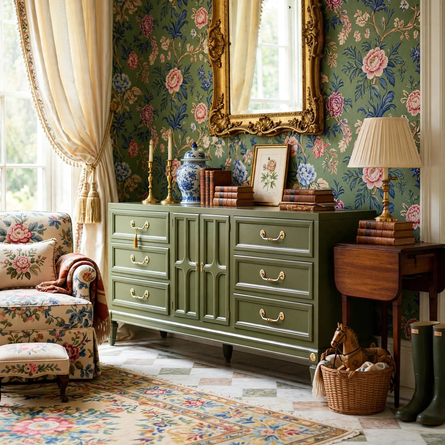 Mid Century Traditional Dresser Sideboard by Union National Jamestown NY in Green - Newly Painted styled as Grandmillennial